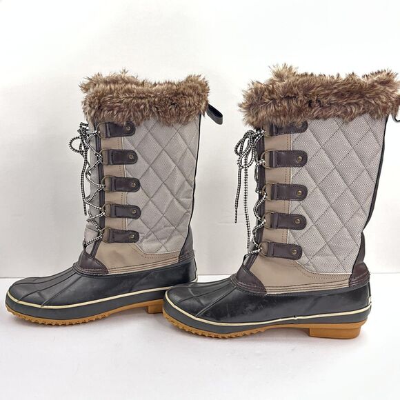 Khombu Boots Womens Size 11 Brown Gray Faux Fur Tall Lace Up Snow Duck Winter - Picture 3 of 13